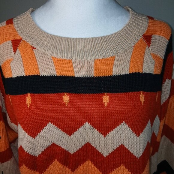 DEXTER ZIGZAG PATTERN SWEATER IN ORANGES BLACK AND CREAM LONG SLEEVE SIZE LARGE - Picture 5 of 6